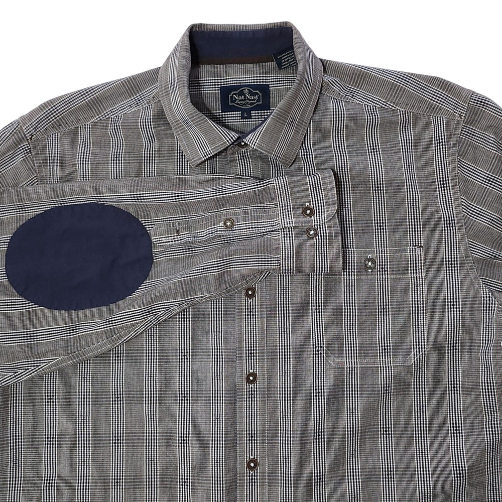 Nat Nast Long Sleeve Button Up Cotton Shirt Large Glen Plaid Check Elbow Patches